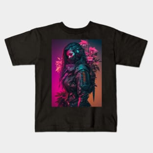 80s Cyberpunk Female Samurai Covered in Blossoms Kids T-Shirt